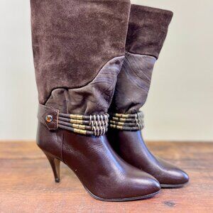Vintage 90s Peppers High Heel Boots Slouched Suede Leather Made in Greece